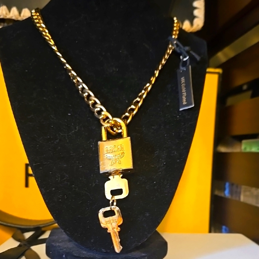 MCM Rare Gold Padlock and Key With 18k Gold Plated Necklace